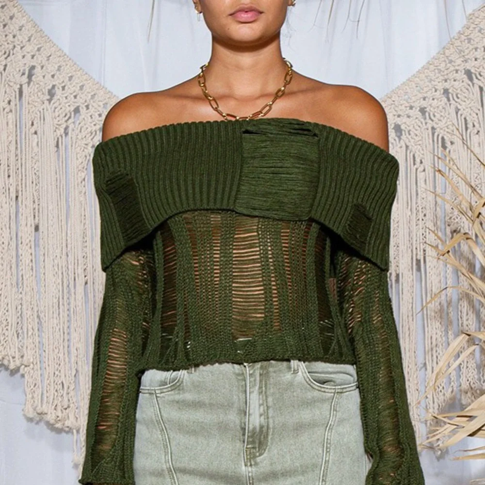 Off-Shoulder Olive Green Sweater